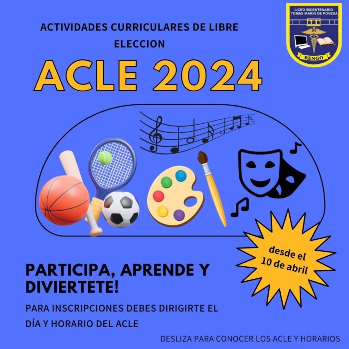 Comenzamos nuestras ACLE 2024.Para inscribirte, debes dirigirte al lugar y horario mencionado en la publicación de cada ACLE.Si tienes dudas, dirígete a con